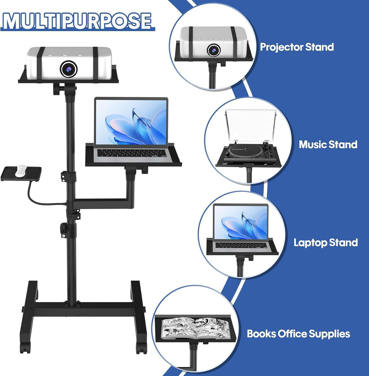 Projector Stand, 2 Shelves Mobile Laptop Cart with Adjustable 47" Height