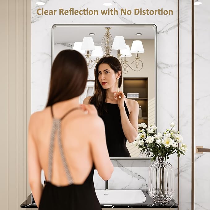 LOAAO 22X30 Inch Brushed Nickel Bathroom Mirror, Rounded Rectangle Silver Metal