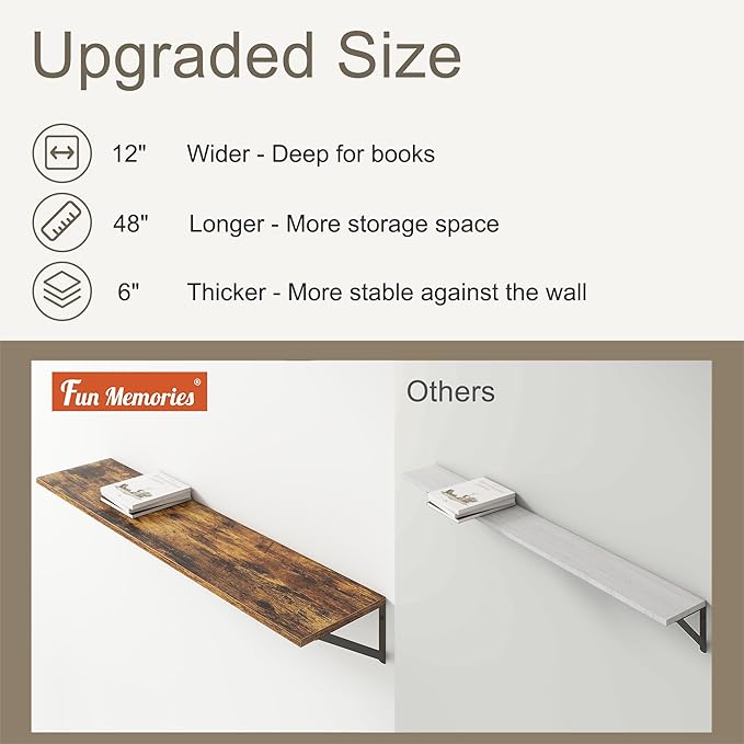12 Inch Deep Floating Shelves, 48W x 12D Floating Shelves, Deep Wall Shelves (Set of 2)