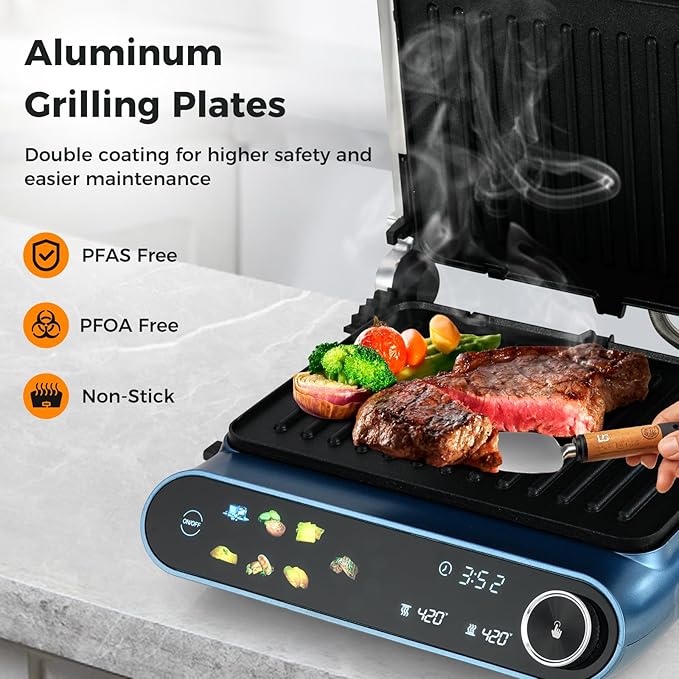 7-In-1 Sandwich Maker with LED Touch Panel & No-Stick Plates, Electric Panini