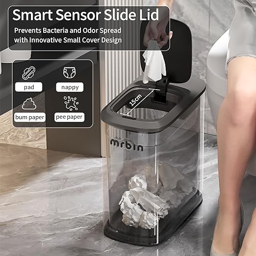 MRBIN Stainless Steel Motion Sensor Bathroom Trash Can, 10L / 2.6gal Slim Smart