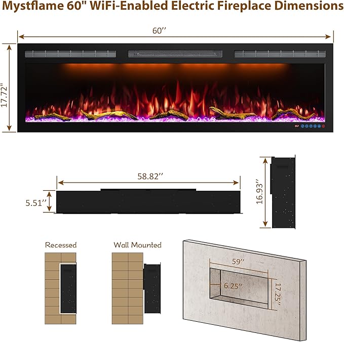 WiFi-Enabled Electric Fireplace Recessed & Wall Mounted, 60 Inch Slim Electric