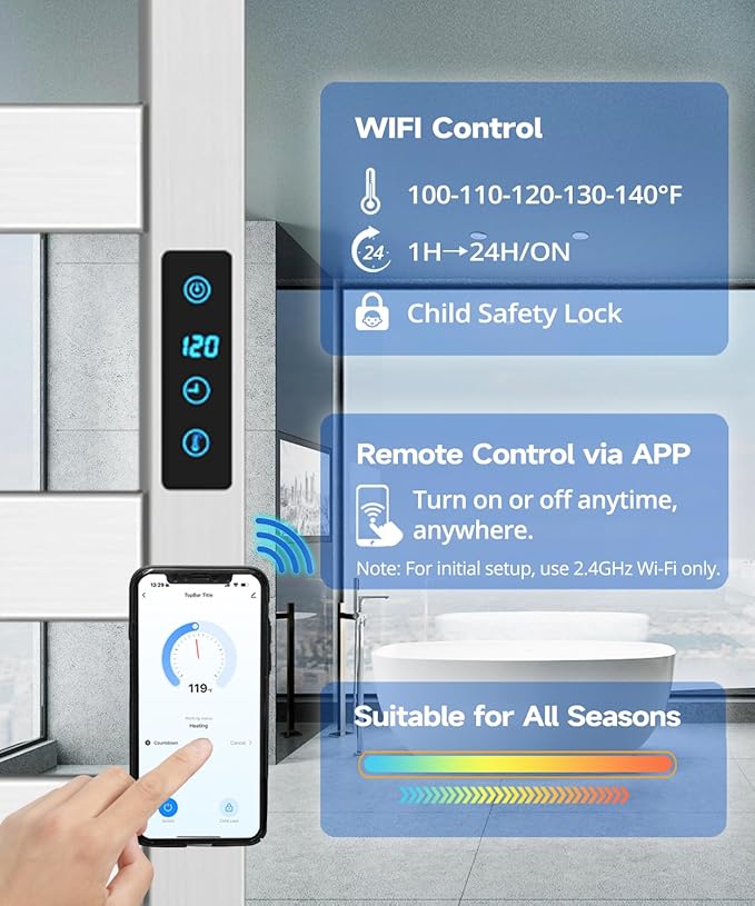 WiFi Heated Towel Rack Wall Mounted, Electric Towel Warmer