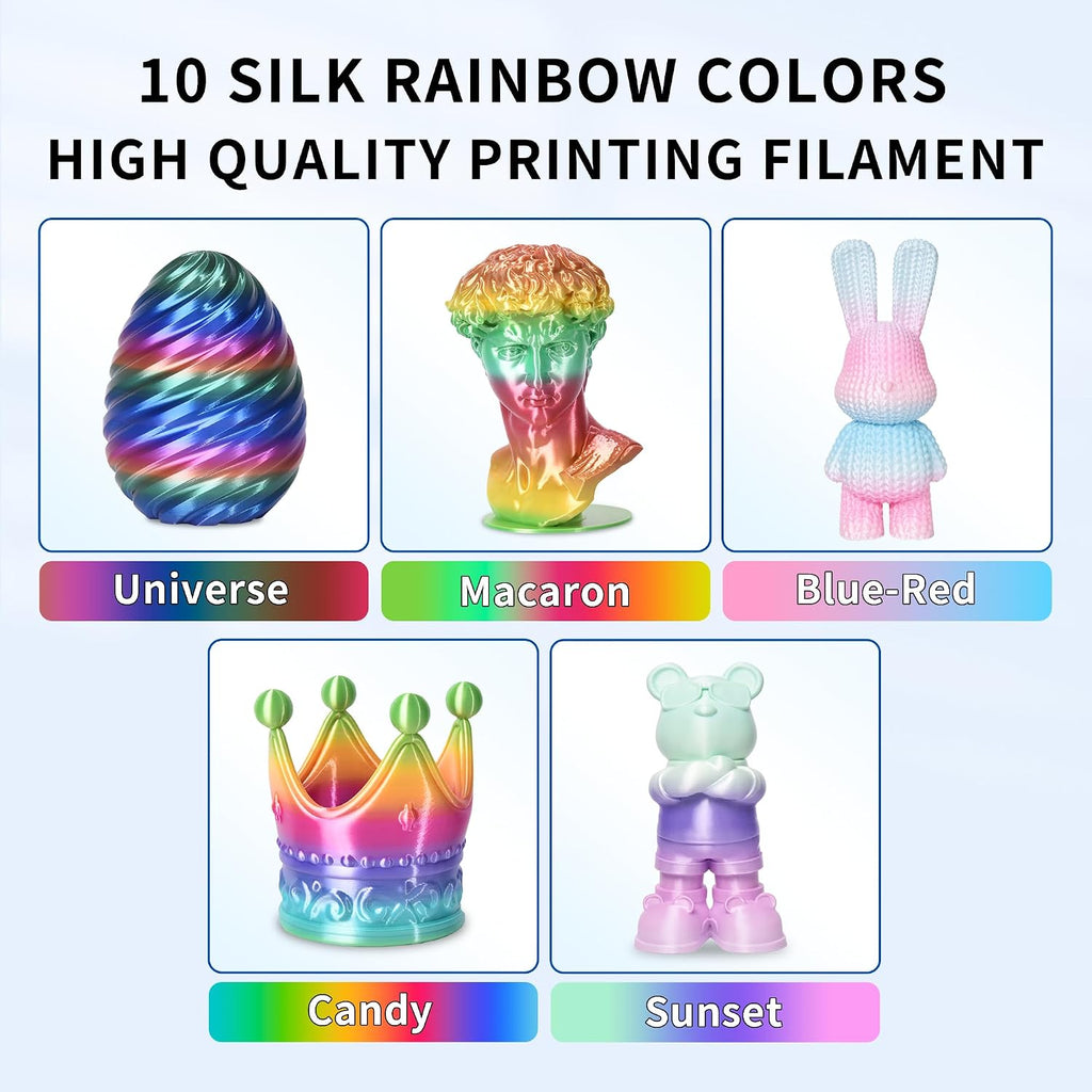 RAMBERY Silk Rainbow PLA 3D Printer Filament Bundle, 10 Colors Total 10kg, 1.75mm Multicolor Gradient 3D Printing Filament for Most FDM 3D Printers, 1KG Spool (2.2lbs) x 10 PCS