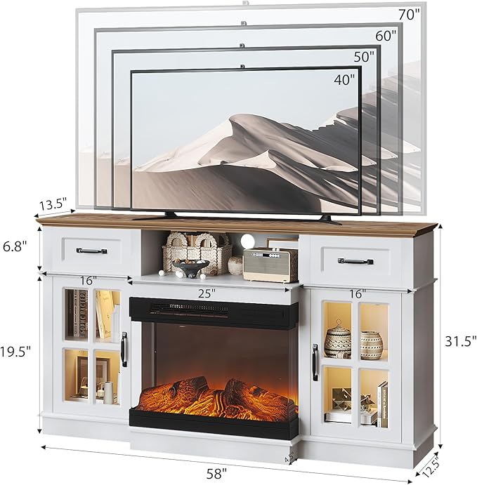 Bonnlo Fireplace TV Stand for up to 65-Inch TVs, Modern Electric Fireplace TV