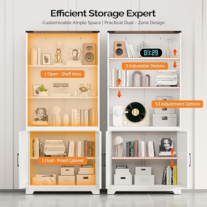 VINGLI Bookcase with Doors and Adjustable Shelves, Steel 70" Tall Bookshelf