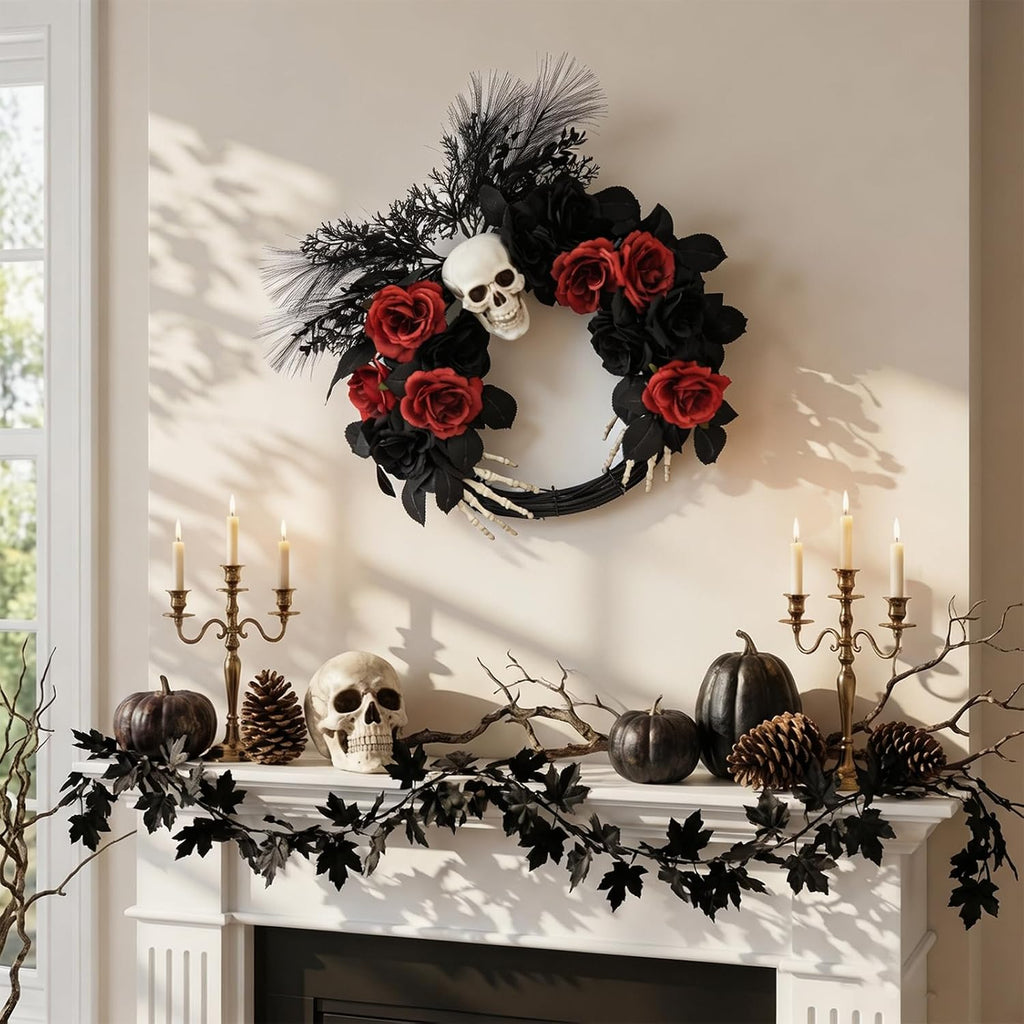 18" Halloween Wreaths for Front Door with Skull and Skeleton Hands