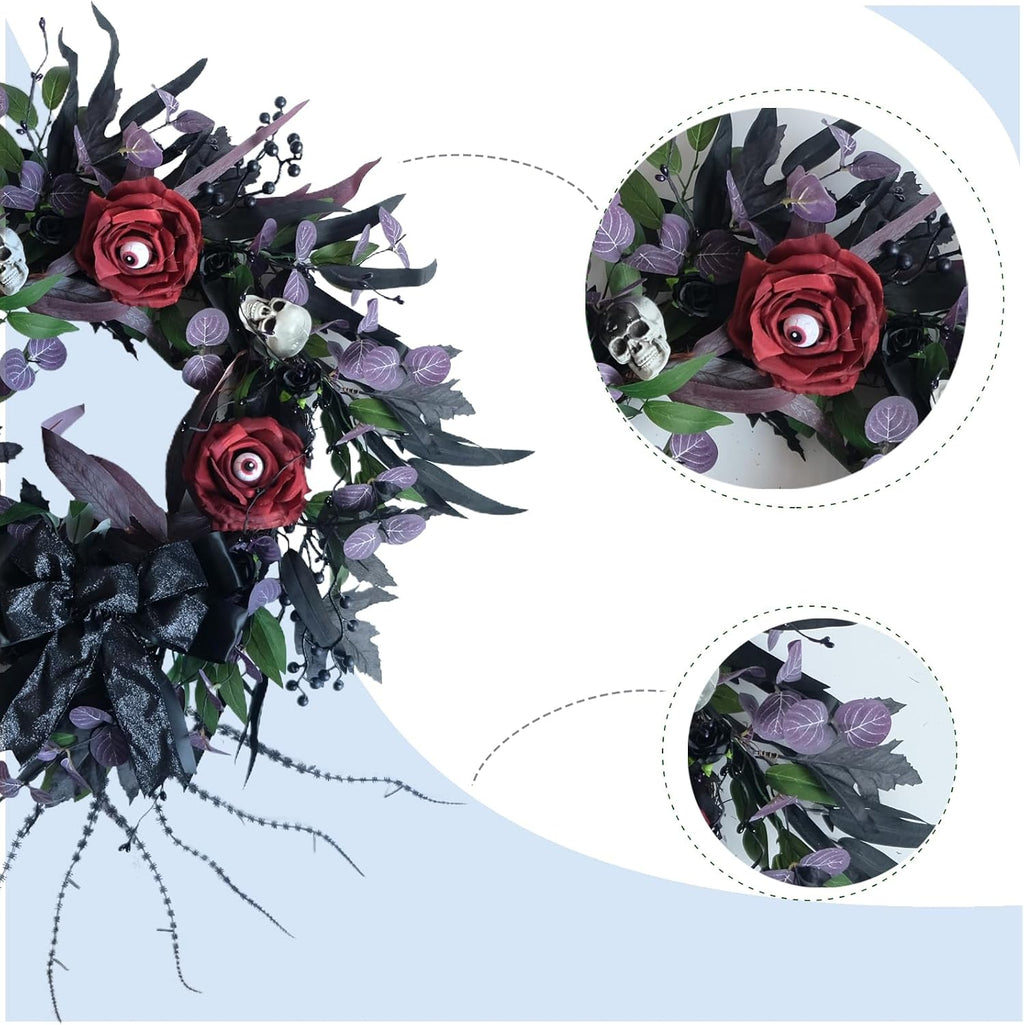 22 Inch Halloween Wreath with Black Roses Skeleton and Eye Balls for Front Door, Gothic Halloween Floral Wreath with Black Bow for Indoor Outdoor