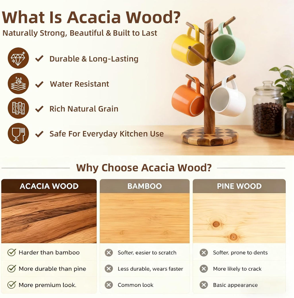 Natural Wood Mug Holder for Counter Top, Acacia Wood Coffee Mug Tree