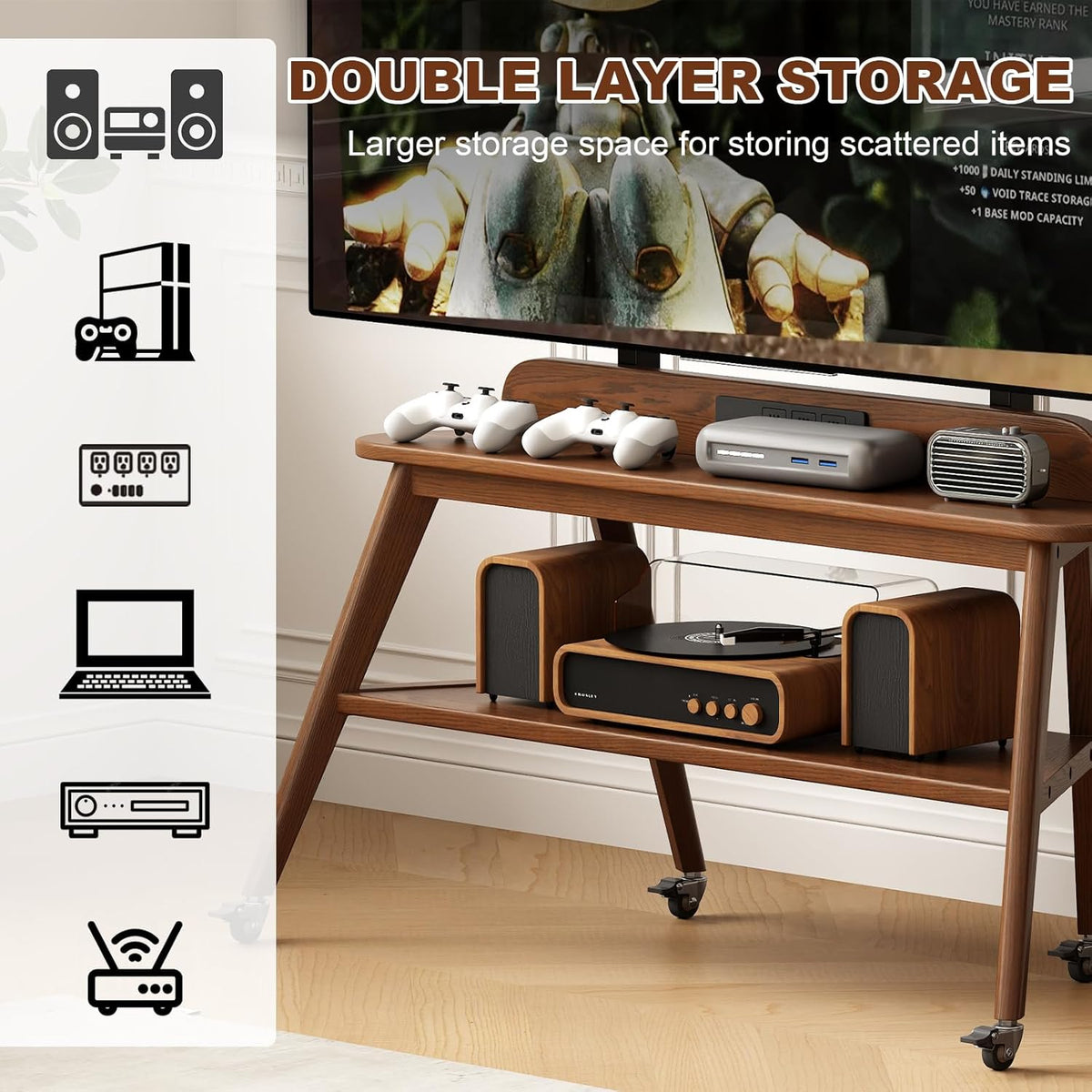 Solid Wood Rolling TV Stand with Power Outlet, Mobile TV Stand