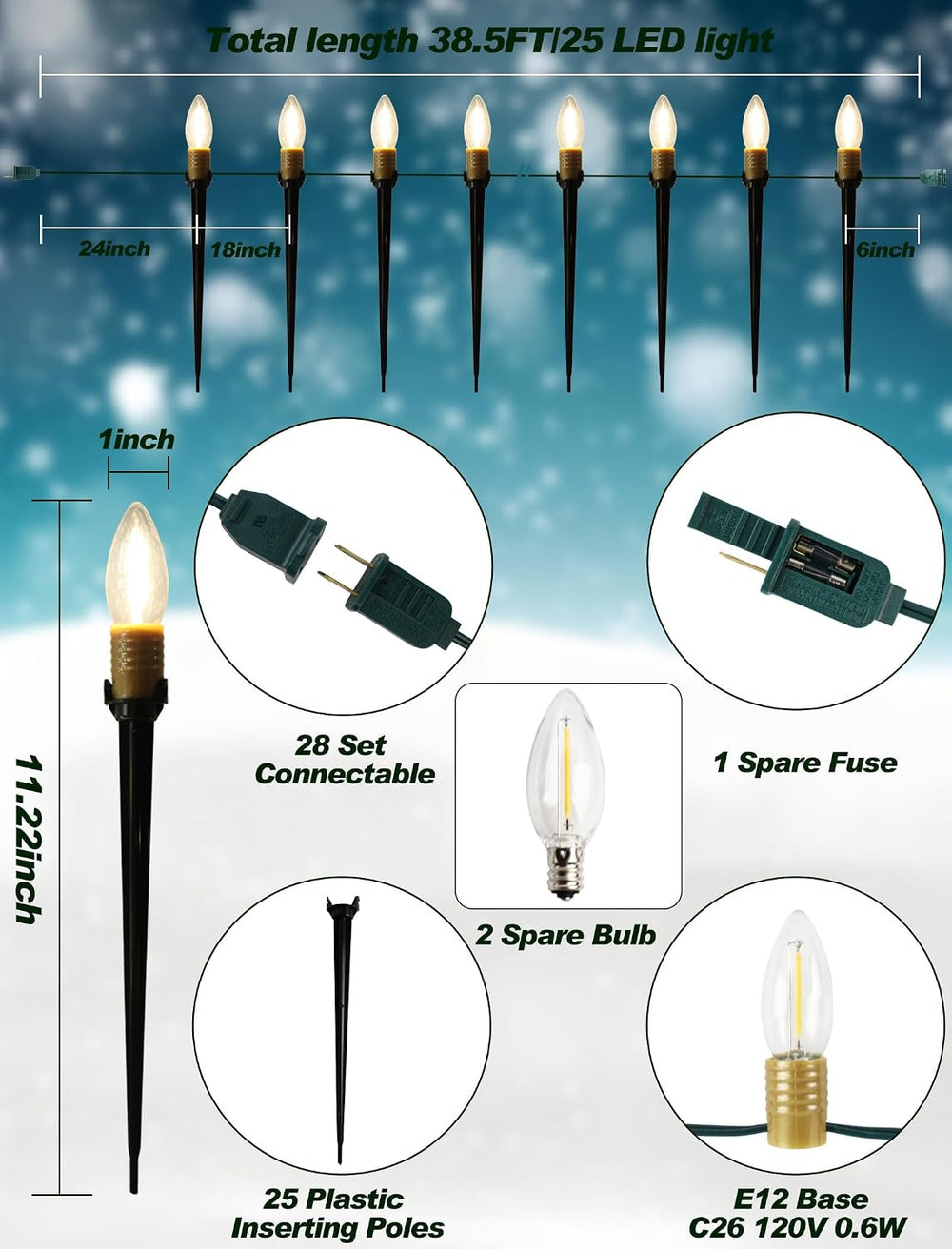 38.5FT Christmas Pathway Lights Outdoor, 25PK LED C26 Yard Stake Lights