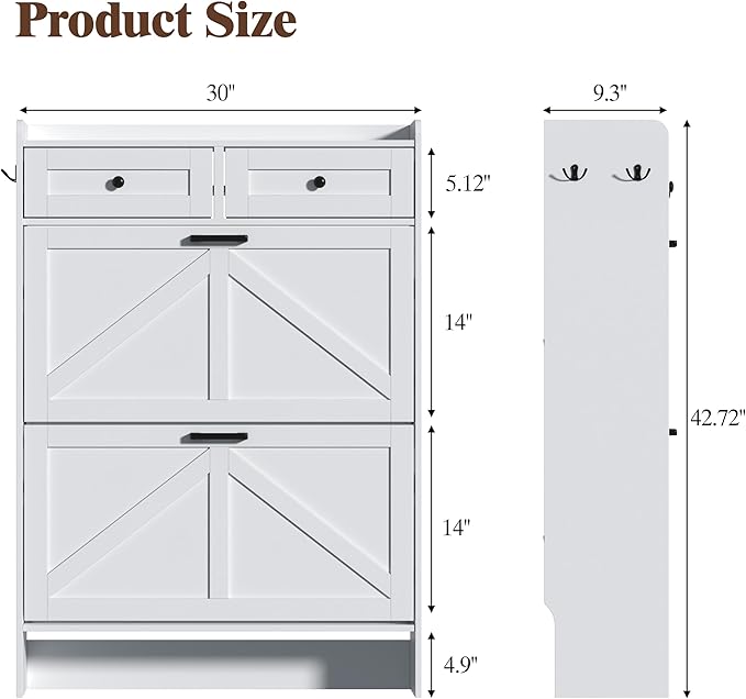 Shoe Cabinet with 2 Flip Drawers & 2 Storage Drawers, Rustic Farmhouse Narrow