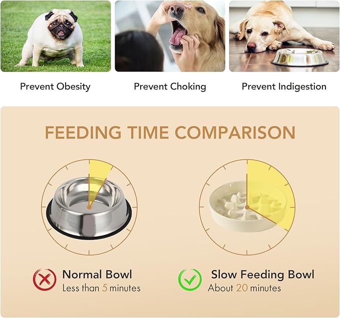 Ceramic Raised Slow Feeder Dog Bowl Set, Elevated 7.3inch Bowl and 8.2inch Slow