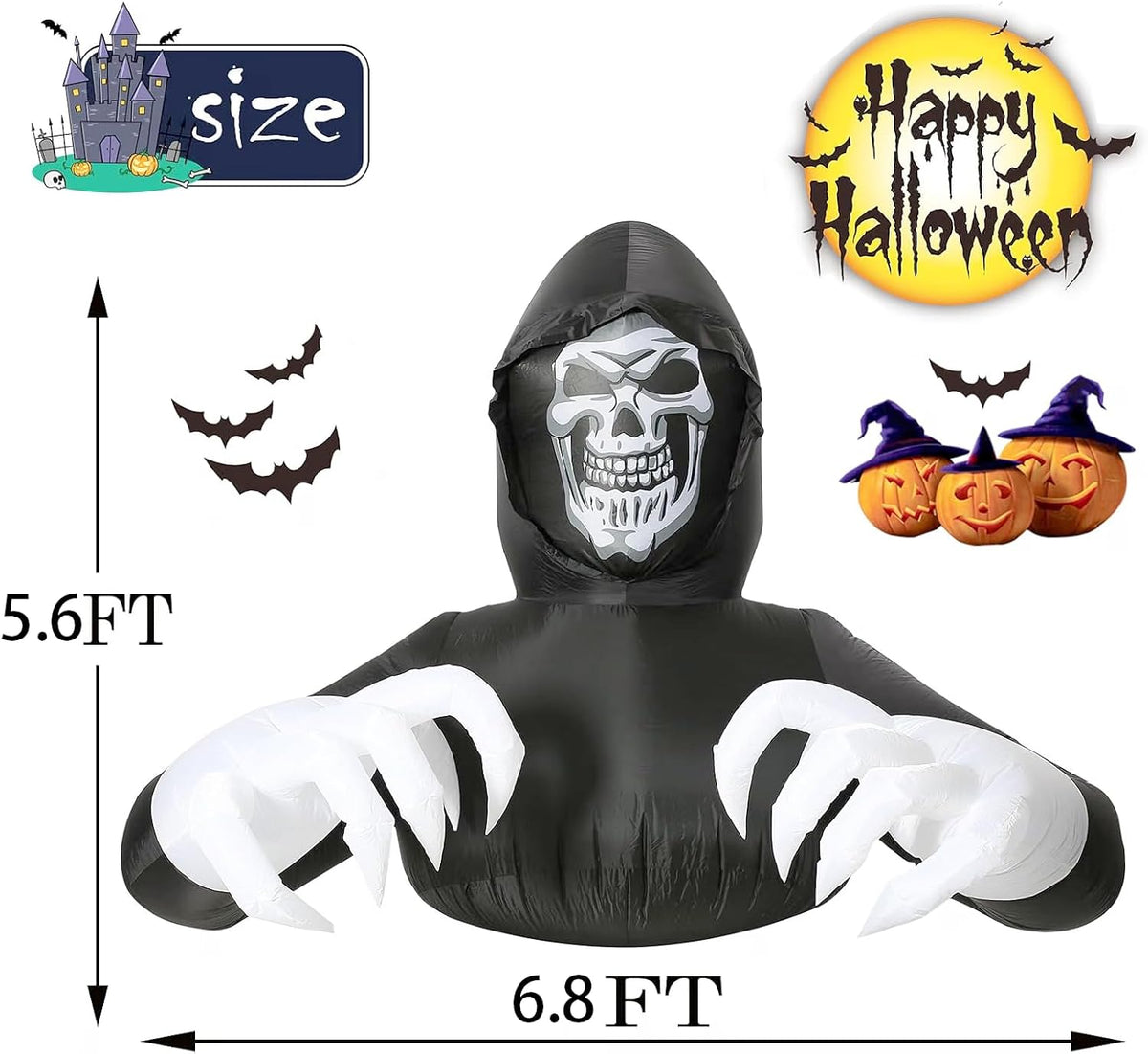 6.8FT Width Inflatables Grim Reaper Outdoor Halloween Decoration Blow Up for Yard Decorations, Garden, Lawn Black