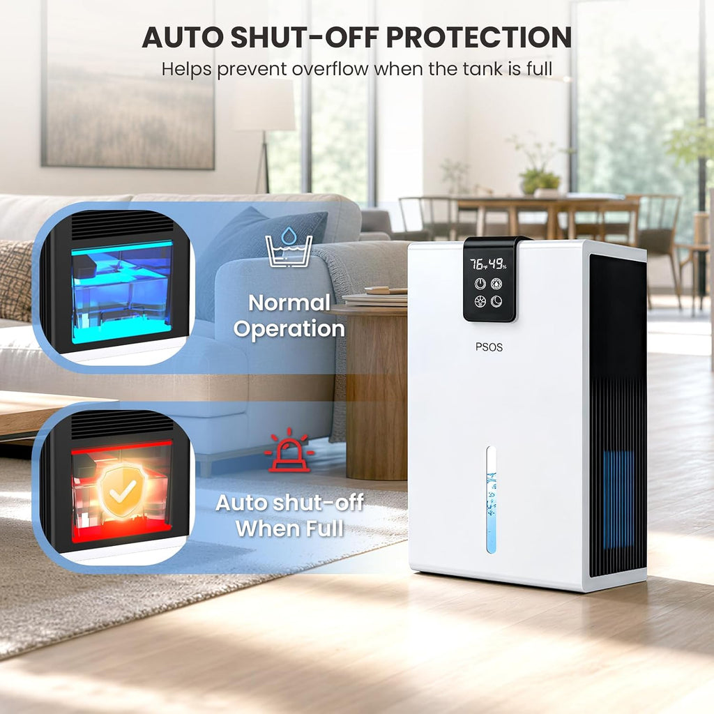 PSOS Dehumidifier, Dehumidifiers for Home, 98 OZ Water Tank, (1000 sq.ft) Quiet Dehumidifier for Basement Bathroom Bedroom with Humidity Display, Auto Shut Off, Relaxing 7 Color Ambient Light(White)