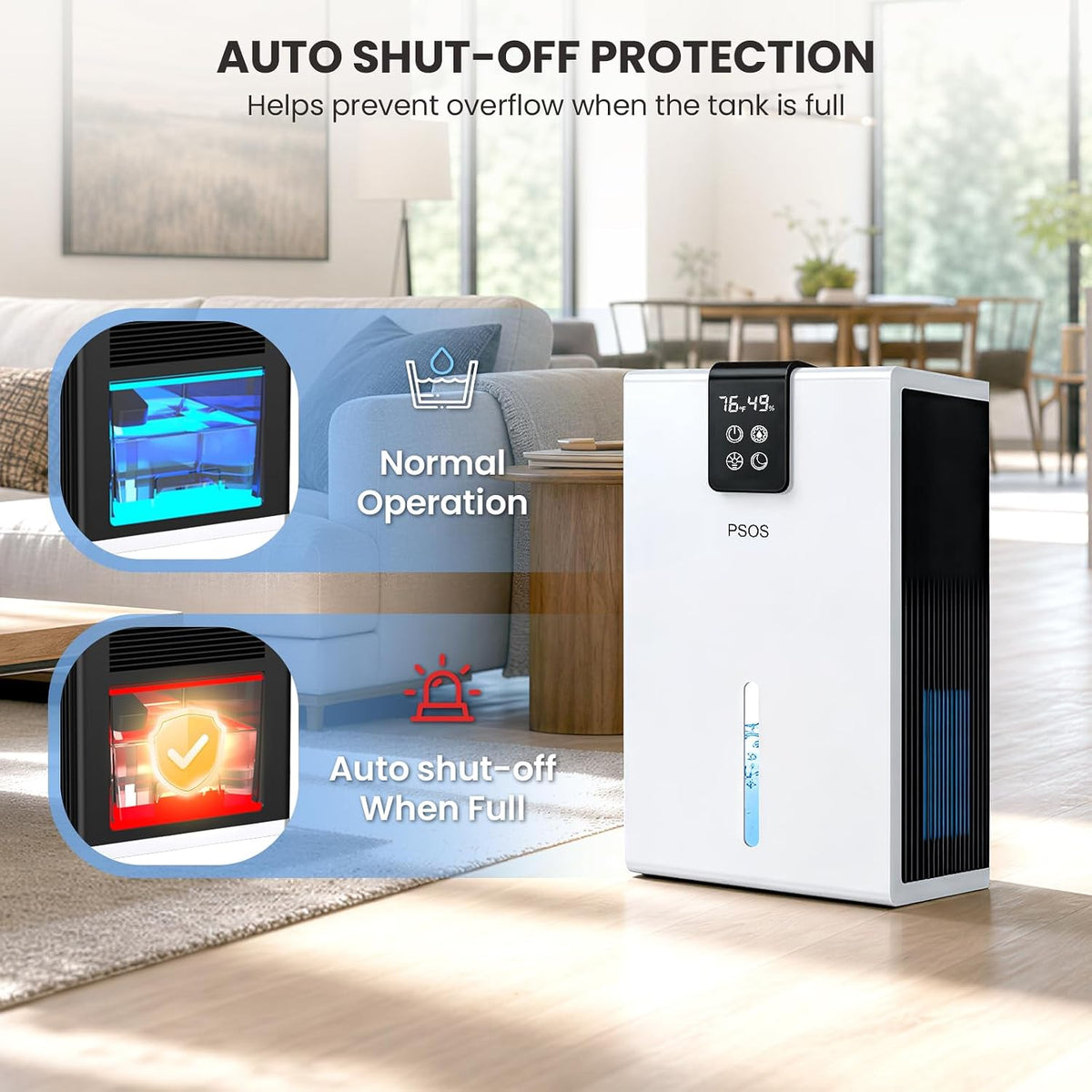 PSOS Dehumidifier, Dehumidifiers for Home, 98 OZ Water Tank, (1000 sq.ft) Quiet Dehumidifier for Basement Bathroom Bedroom with Humidity Display, Auto Shut Off, Relaxing 7 Color Ambient Light(White)