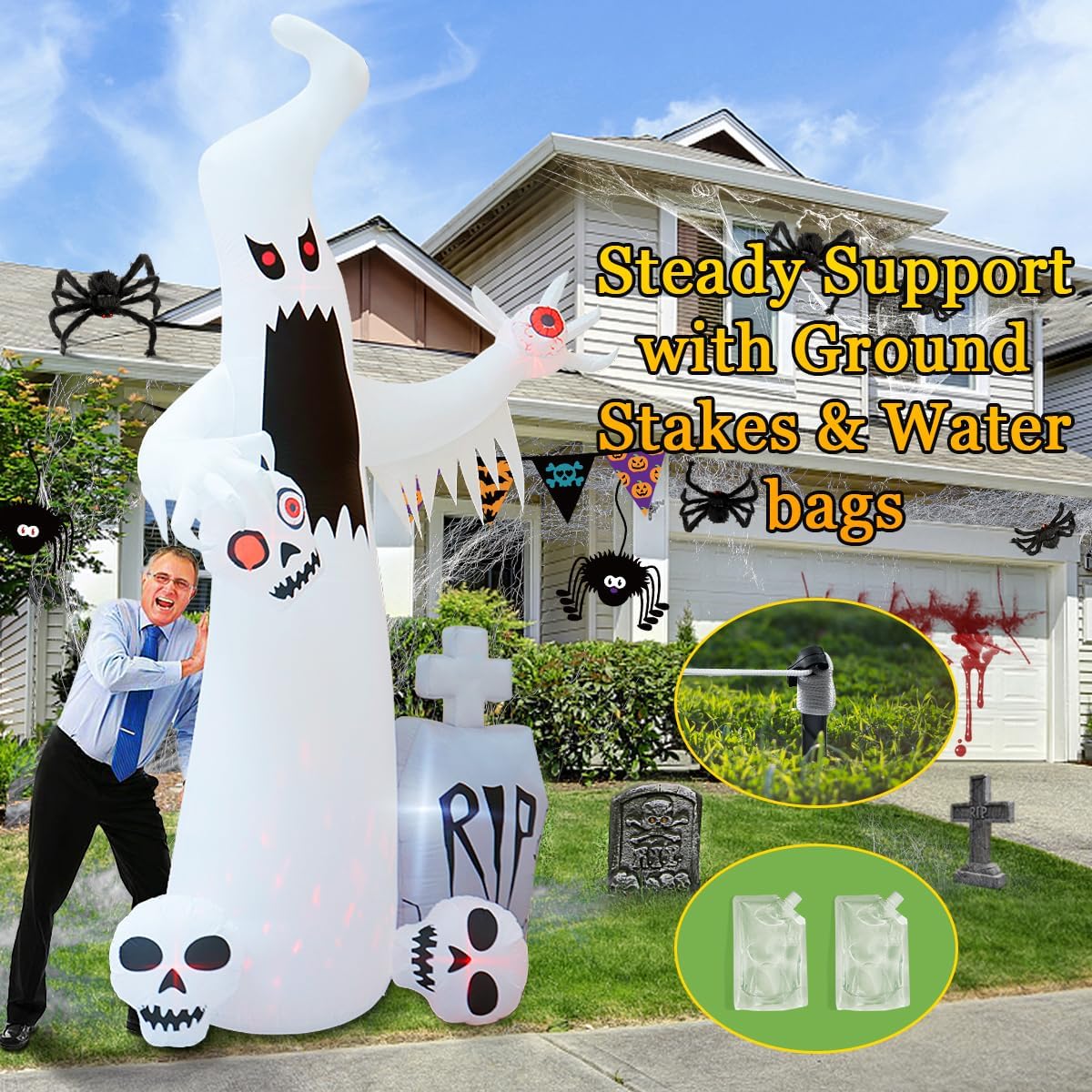 HOPOCO 12 FT Halloween Inflatables Outdoor Decorations Ghost with 3 Skulls