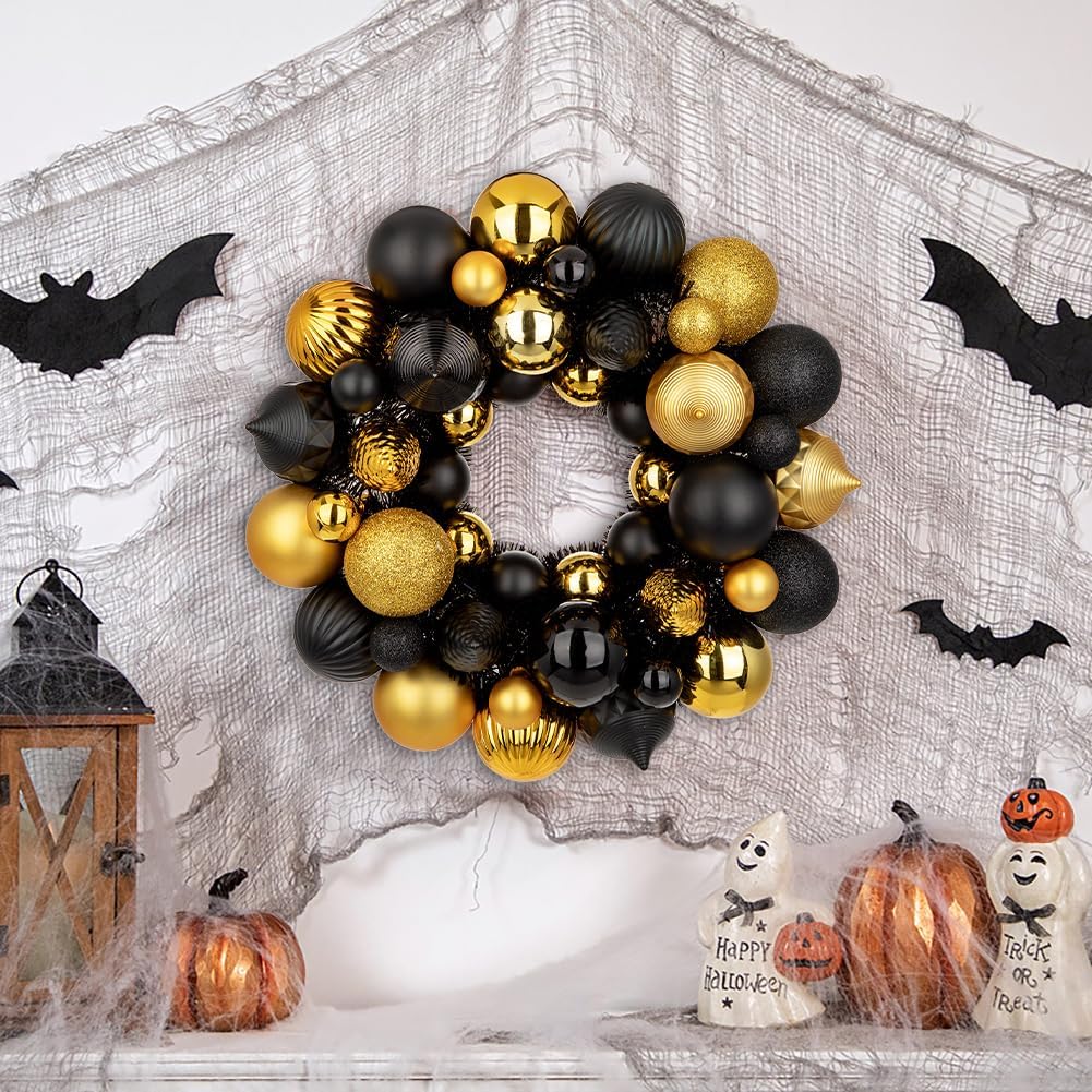 Halloween Ball Wreath 13" Xmas Wreaths Ornaments Glitter Thicken Shatterproof Garland Decoration for Christmas Door Wall Mantel Holiday Party Decor, Gold & Black