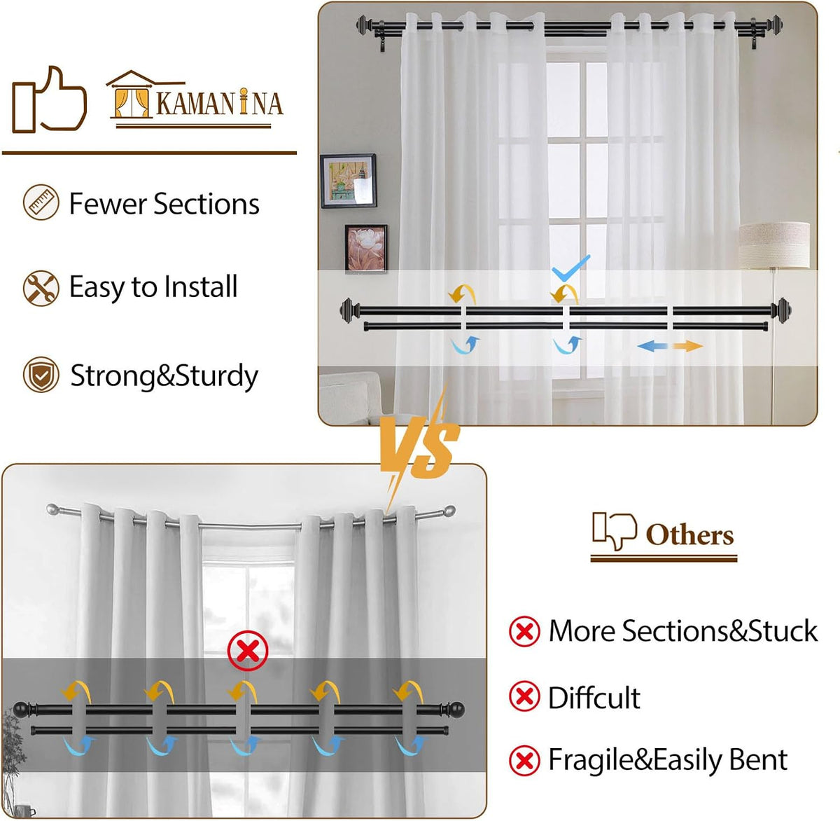 KAMANINA Double Curtain Rods for Windows 72-144 Inches Black Heavy Duty | 1 Inch Telescoping, 6-12 Feet Extra Long, Dual Curtain Rod for Living Room, Sliding Glass Door, Square End