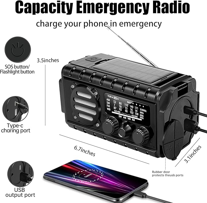 20000mah Hand Crank Emergency Radio, SW/NOAA/AM/FM Weather Radio, Solar Powered