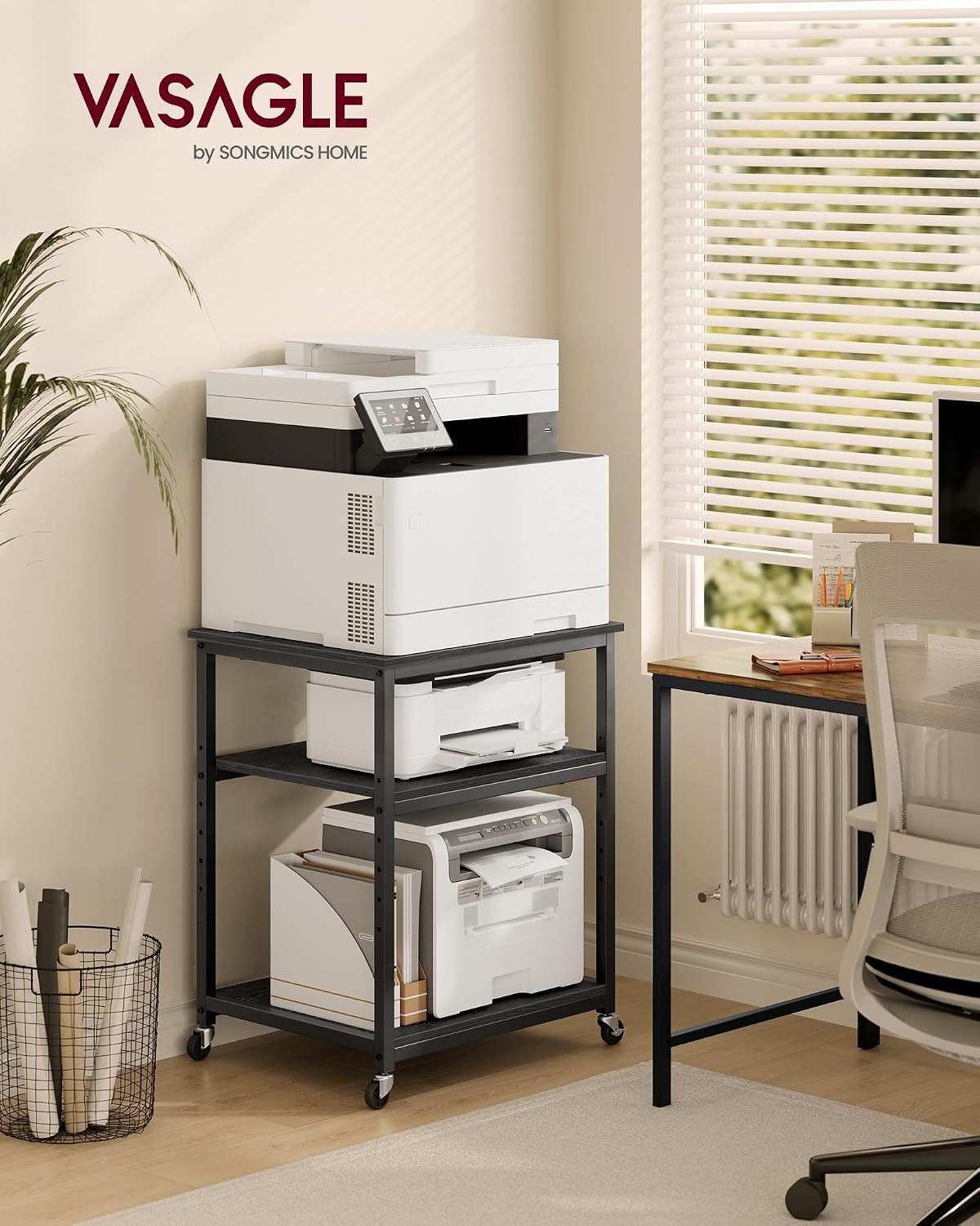 VASAGLE 3-Tier Printer Stand with Locking Wheels, Under Desk Printer Table