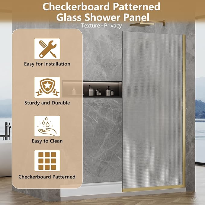 36"x76" Fixed Glass Shower Door, Square Pattern Textured Privacy 5/16" Thick