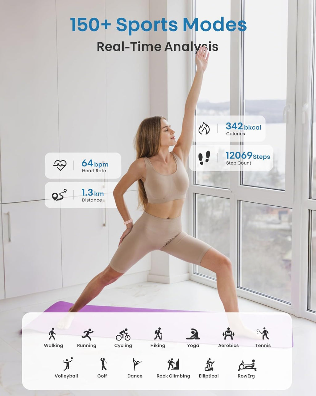 Smart Bracelet, Health Fitness & Activity Tracker with All-Day Continuous Heart Rate/Blood Pressure Monitor, Sleep Tracker, 170+ Sport Modes, 60 Day Battery & Free App, IP68 Smart Band for Android IOS