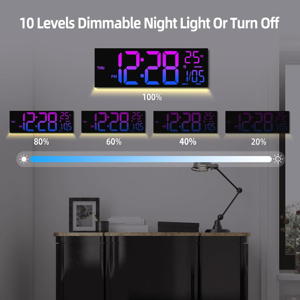 HAITANG 8 Colors Digital Wall Clock, 16.2" Large Digital Clock with Temperature, Date, Auto DST, Night Light, Auto Brightness Dimmer, 24/12-hour Wall Clock for Living Room Office Classroom Gym
