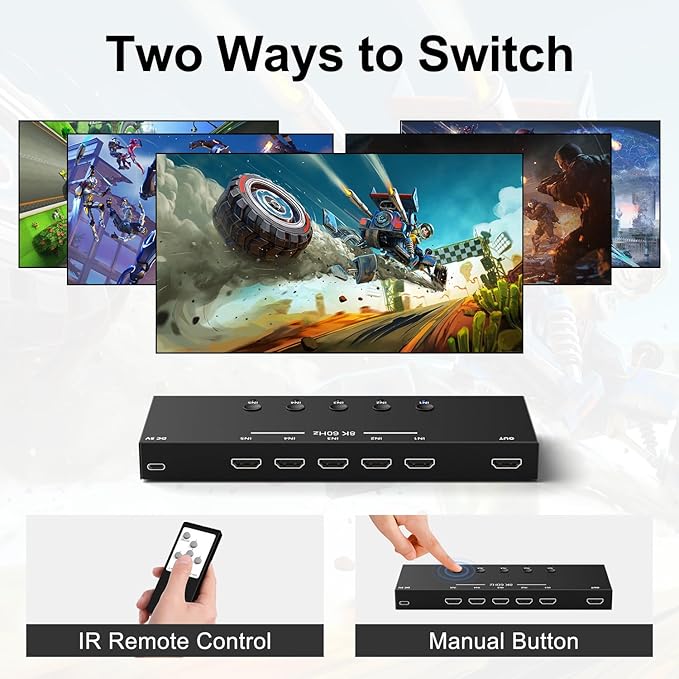 8K 5 in to 1 Out HDMI Switcher，5 Way HDMI Converter & Infrared Remote Control