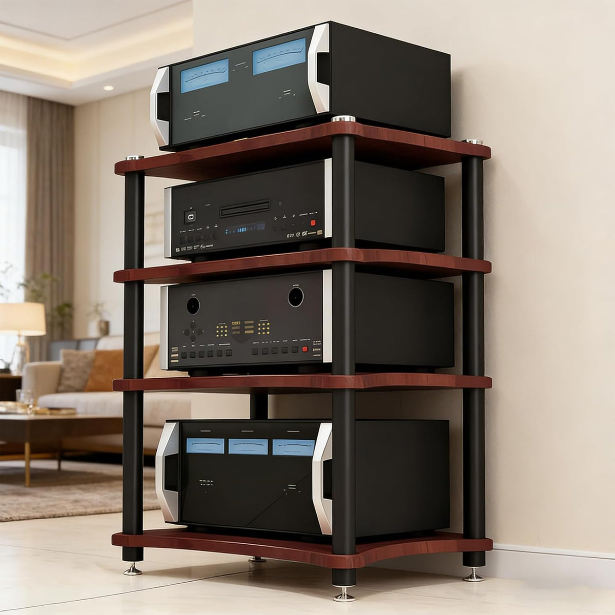Heavy Duty 4-Tier AV Media Stand, 352 lb Load Capacity, Teak