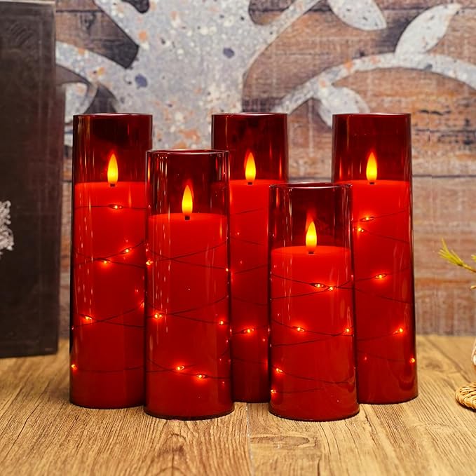 Flameless Candles with Embedded Star String, Battery Operated LED Pillar (Set of 7)