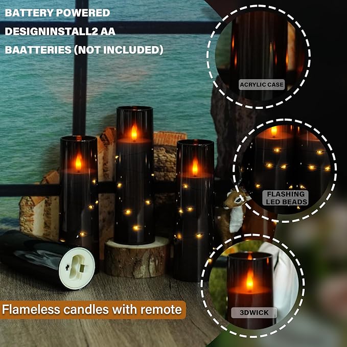 Flickering Flameless LED Candles, Acrylic LED Pillar Candles (9 Pcs)