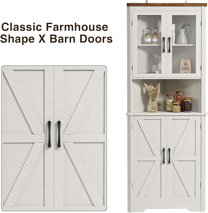 67''H Tall Corner Cabinet with 4 Tempered Glass Doors and Barn Doors, Farmhouse