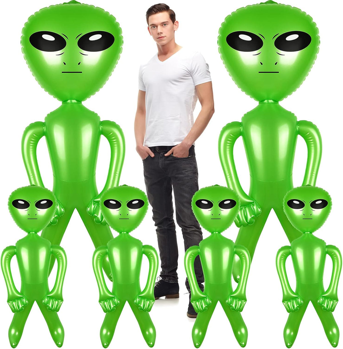 6 Pack 63 Inch Giant Inflatable Alien 31.5 Inch Jumbo Blow Up Alien Green Inflatable Balloon for Space Party Decorations UFO Theme Spaceship Party Birthday Halloween Easter Christmas Home