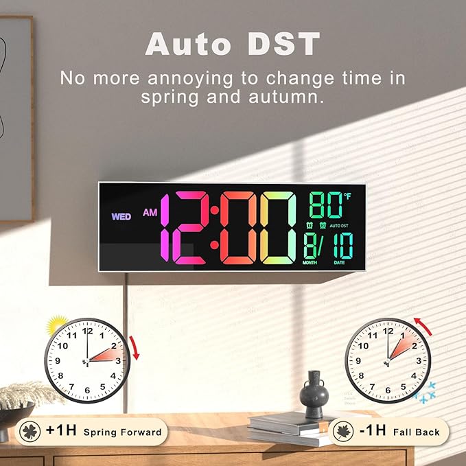 JALL 16" Large Digital Wall Mount Clock, Count Down Timer, Big LED, 8 RGB Color