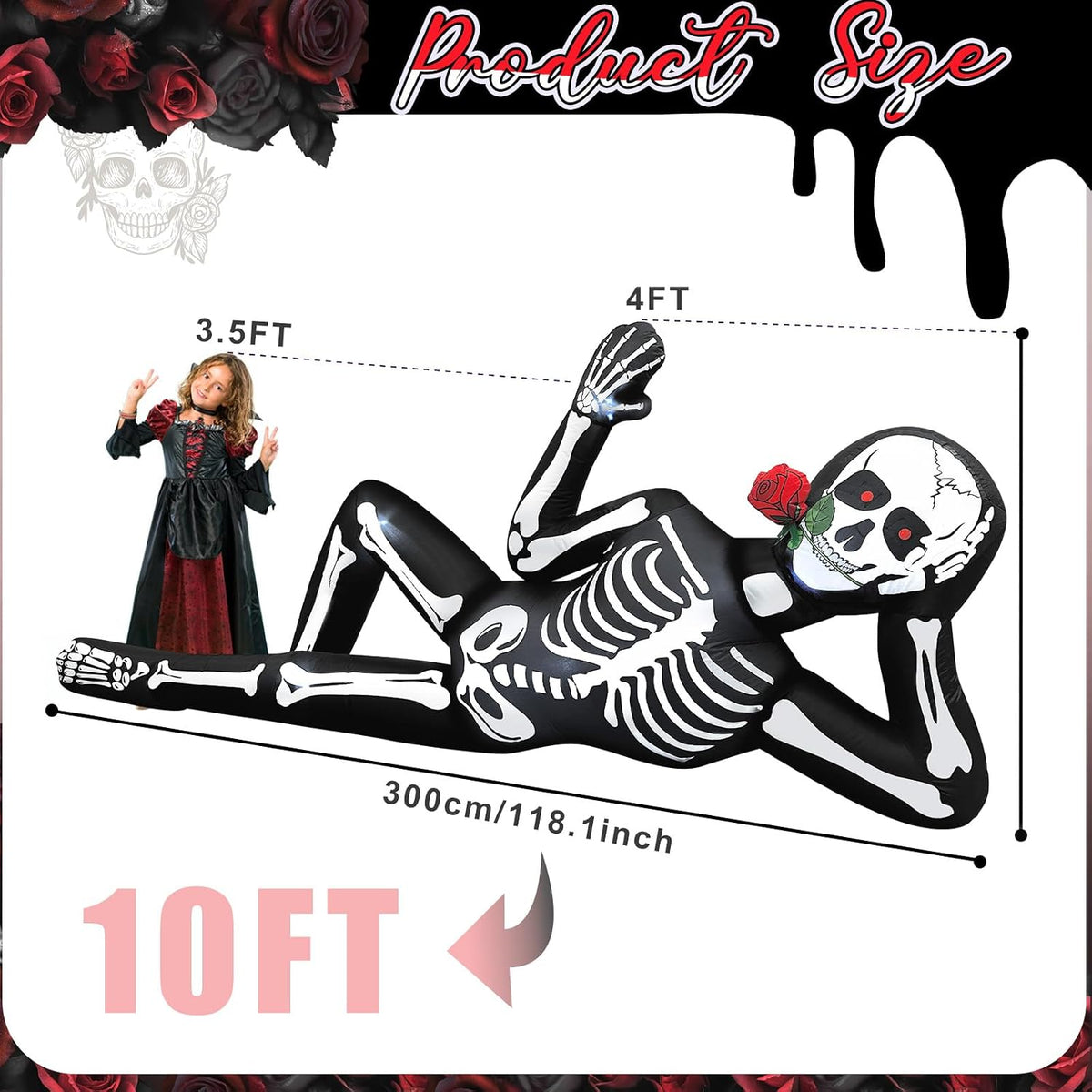 Giant Halloween Inflatables Skeleton Outdoor Decorations Biting a Rose