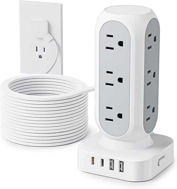 Flat Plug Power Strip Tower 15FT, 40W Total Fast Charging Station, Dual PD 20W