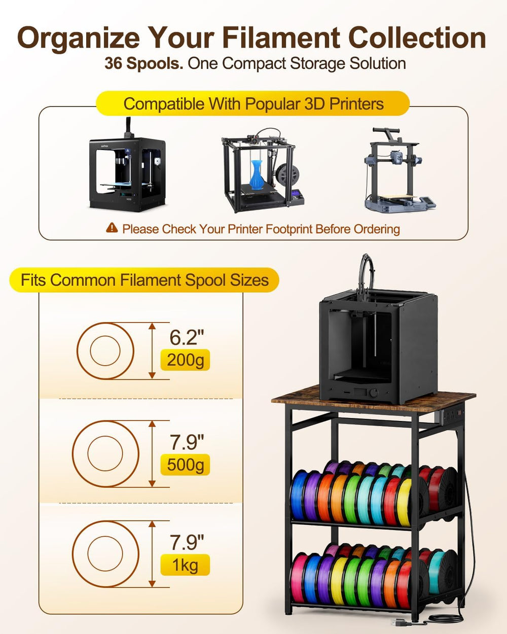 3D Printer Stand with Filament Storage - Heavy Duty Metal 3D Printer Table wi...