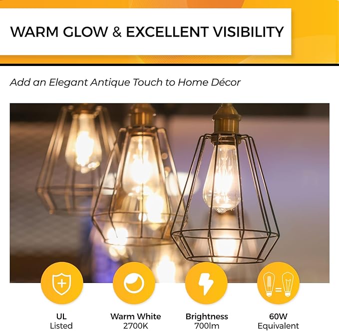 Hizashi Vintage LED Edison Bulb Dimmable, 6W Equivalent 60W, E26 Base Light (18 Pack)