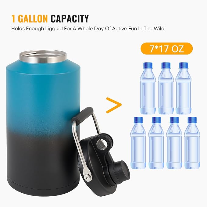 Insulated Gallon Jug with Handle, One Gallon, 128oz Stainless Steel, Large
