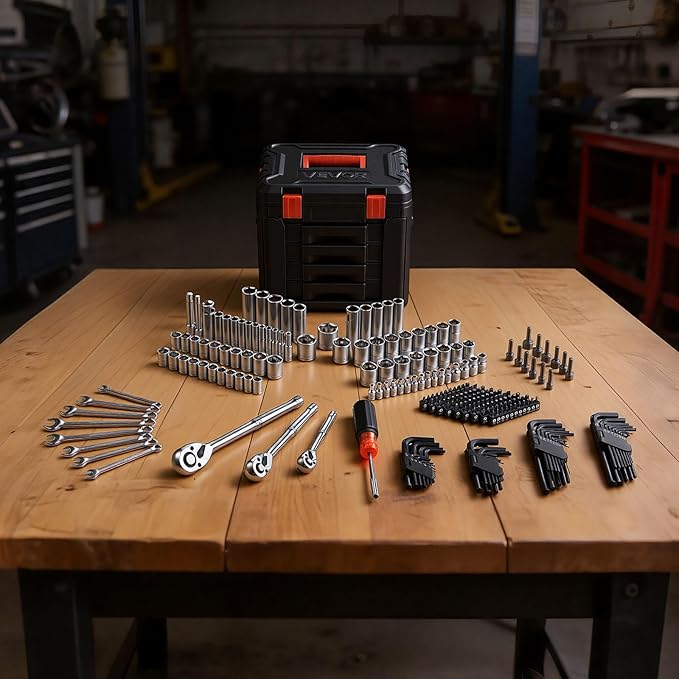 VEVOR Mechanics Tool Set, 256-Piece Mechanic Tool Kit, 1/4 in, 3/8 in, and 1/2