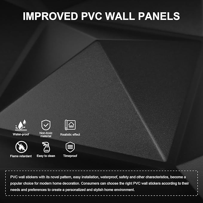 Greymond Black PVC 3D Wall Panels, 33 Pack 11.8''x11.8''Geometric Design