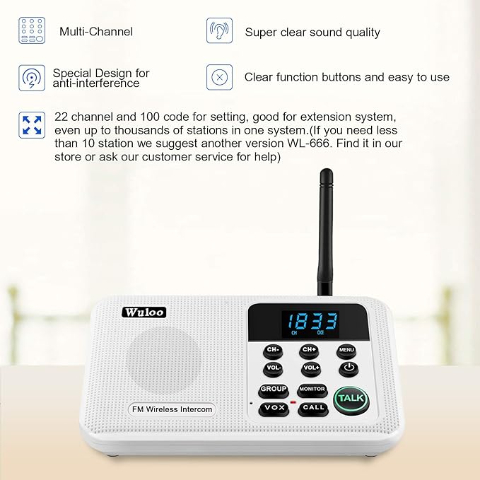 Wuloo Intercoms Wireless for Home 1 Mile Range 22 Channel 100 Digital Code