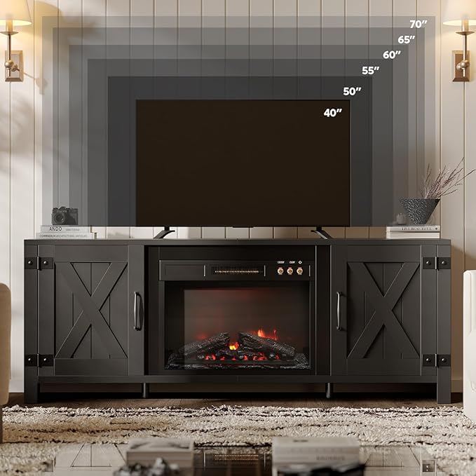 Bestier 63" Fireplace TV Stand for TVs Up to 70", Farmhouse Barn Door
