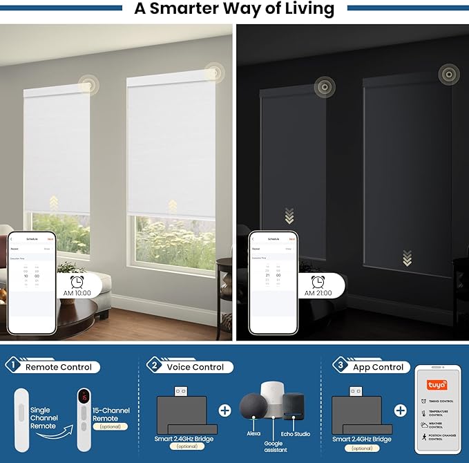 No Drill Motorized Blinds with Remote, Cordless Smart Electric Roller Shades