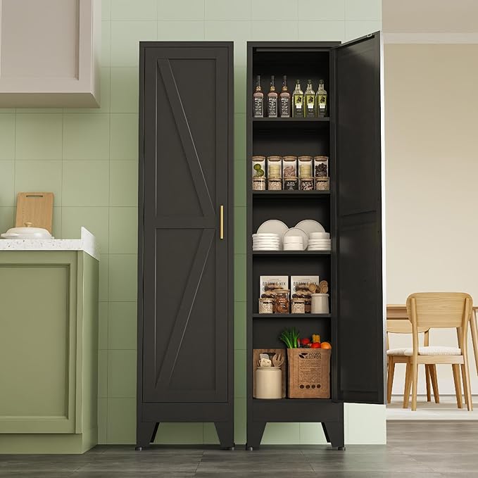 Narrow Metal Cabinet with 4 Adjustable Shelves and Barn Doors, Tall Bathroom
