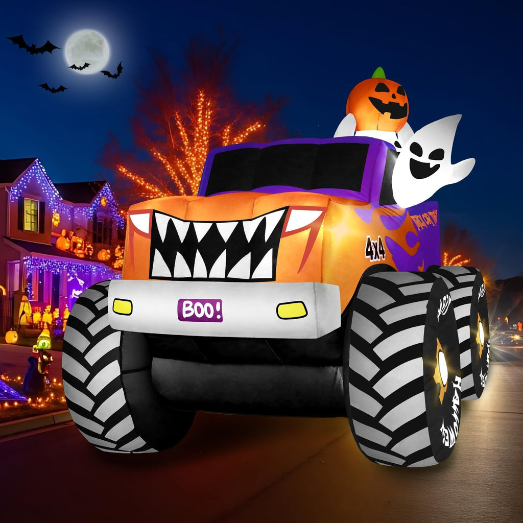 zukakii 8FT Long Halloween Inflatables Decoration Outdoor Monster Truck Car with Ghosts & Pumpkin, Giant Halloween Blow Up Yard Decorations Huge Blowups Built-in LED Light Strong Blower for Festival