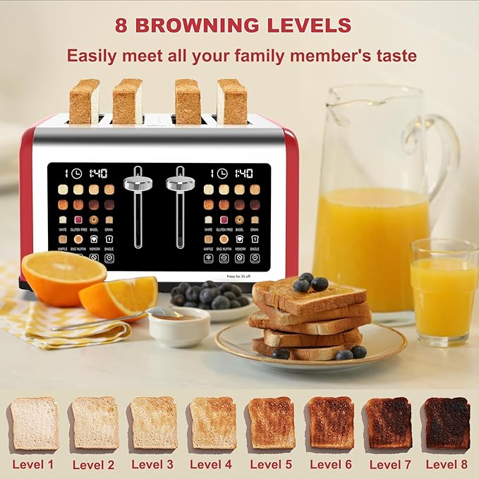 4 Slice Toaster Touch Screen, Stainless Steel Toasters Digital Timer, Dual