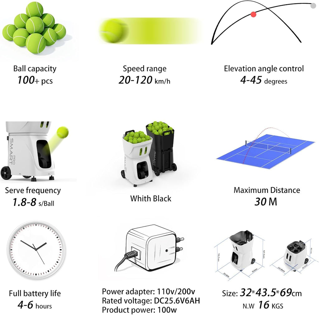 Smart Tennis Ball Machine PT-SMART PRO - 100+ Ball Capacity, Full APP Control, Internal Spin Serve, Ideal for Training & Matches