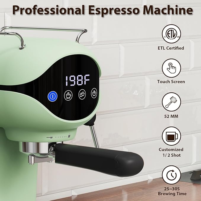 Espresso Machine with Steam Milk Frother Semi Automatic 20 Bar Compact Green